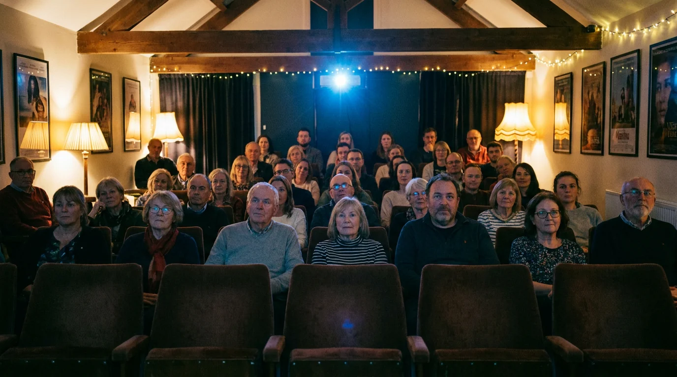 Un public attentif dans une petite salle, pendant une projection