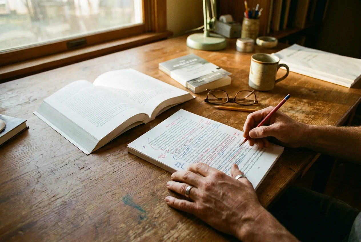 Un manuscrit annoté au crayon, des épreuves et une maquette de couverture