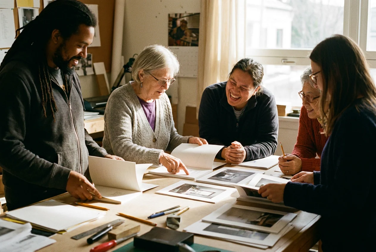 Un atelier de travail autour de maquettes et d'épreuves de livres